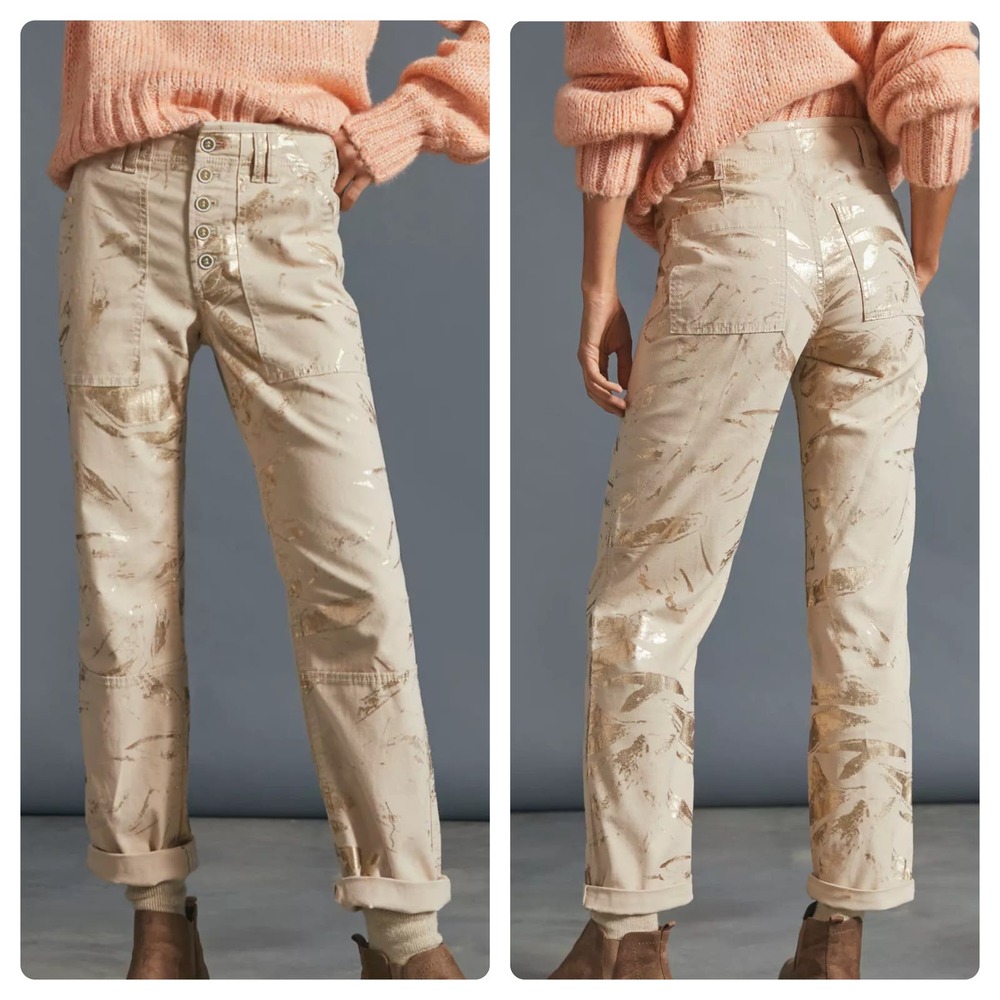 By Anthropologie The Wanderer Utility Pants in Gold Metallic Button Fly Size 28